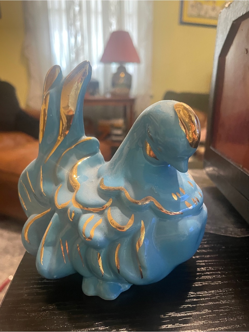Blue Ceramic Decorative hen with Gold Accents